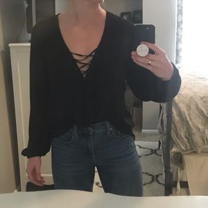 HM black sheer lace up blouse